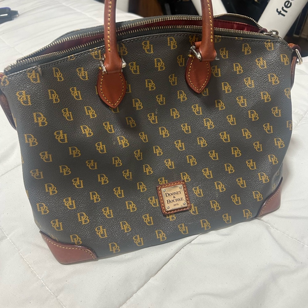 Dooney & Bourke Brown Logo Coated Canvas Tote with Tan Trim